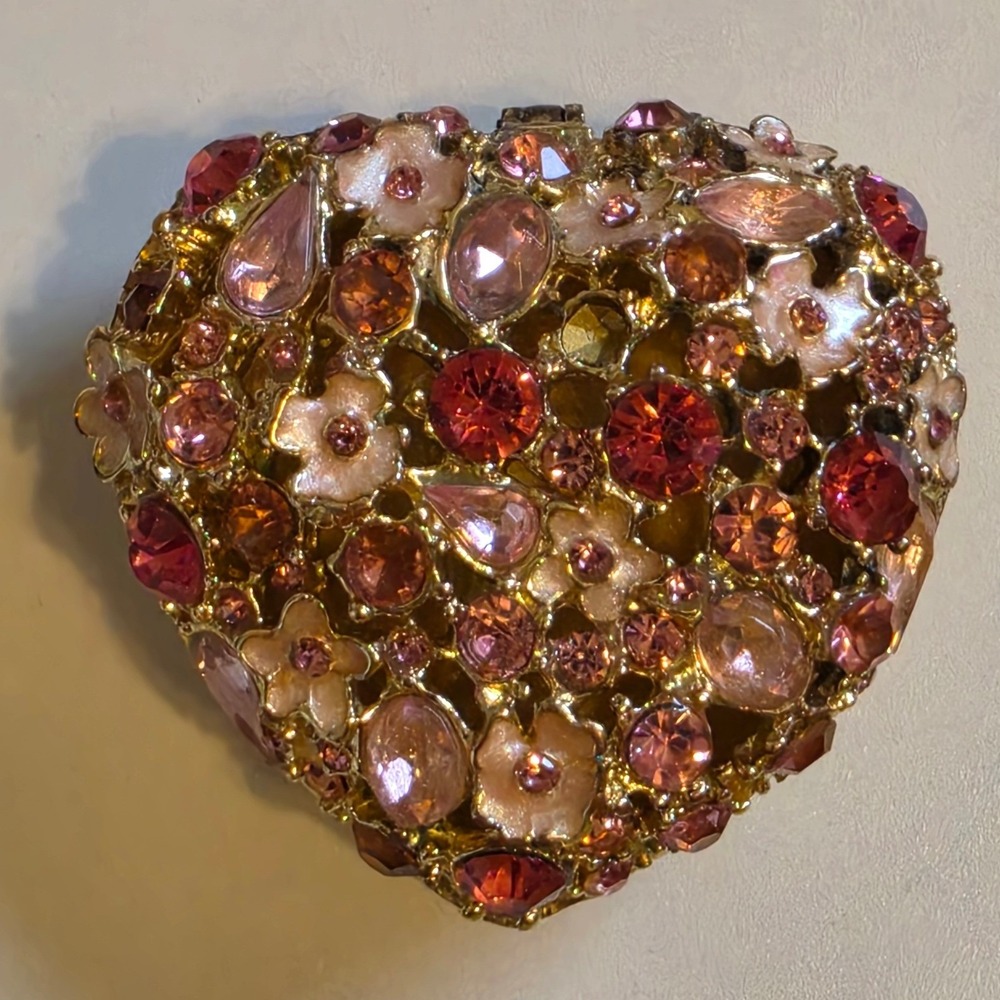 Crystal Heart Trinket Box Pink‎ Floral Jeweled Gold Tone Magnetic